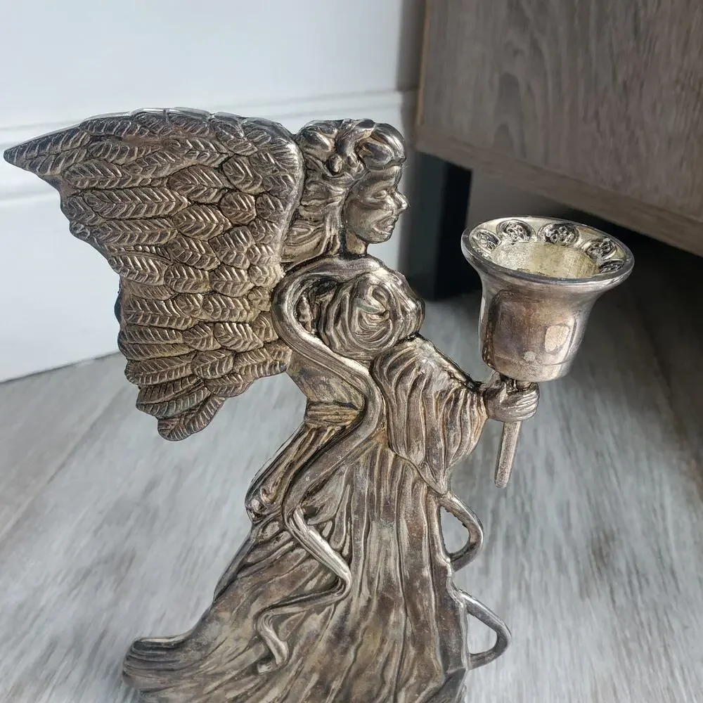 Vintage Brass Silver Angel Candlestick Holder 8